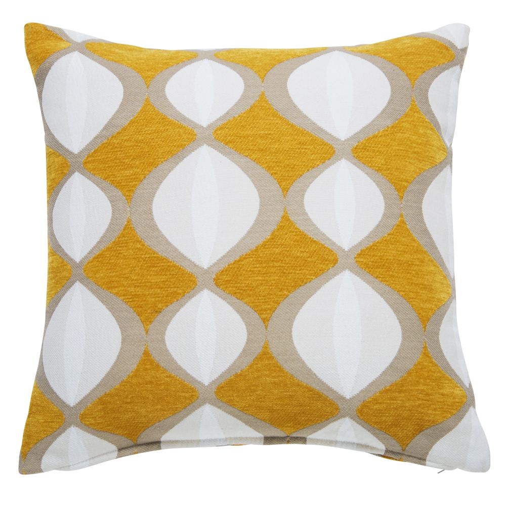 Coussin tissé jacquard motifs graphiques jaune moutarde, blancs et beiges 45x45, OEKO-TEX®