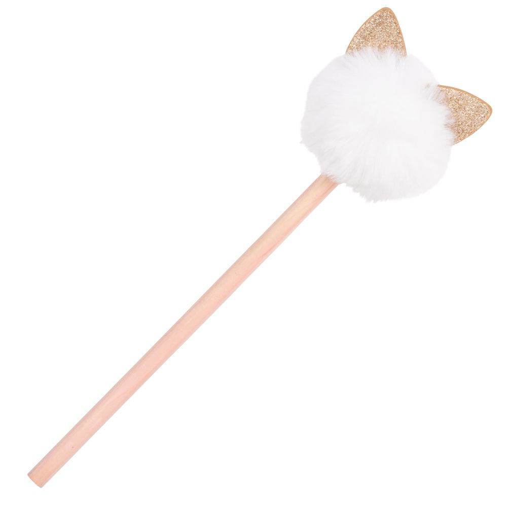 Crayon à papier tête de chat blanche oreilles dorées (photo) Crayon à papier tête de chat blanche oreilles dorées