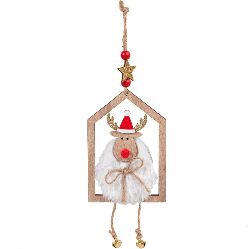 Déco de Noël cadre maison et élan imitation fourrure blanche Déco de Noël cadre maison et élan imitation fourrure blanche