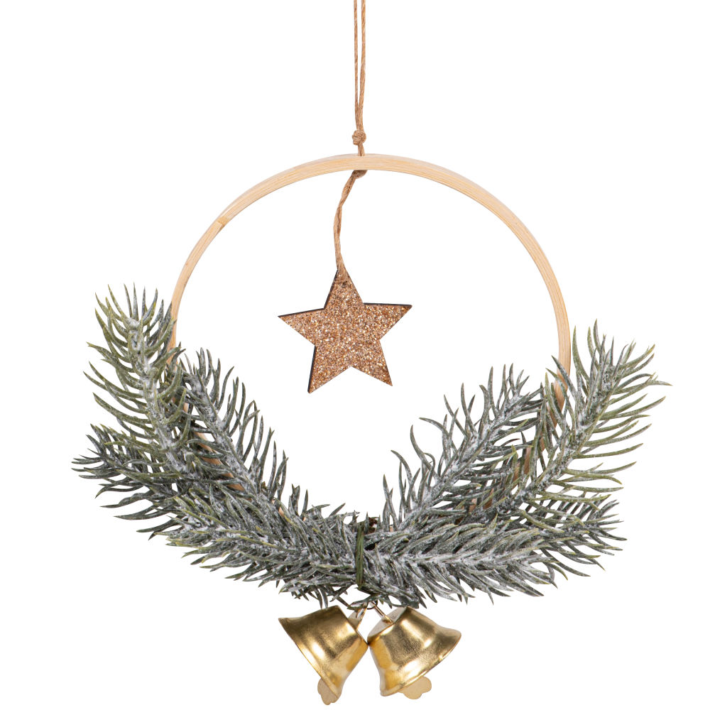 Déco de Noël médaillon étoile, cloche en métal doré et feuillage vert