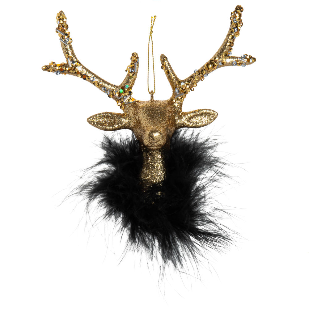 Déco de Noël tête de cerf doré et imitation fourrure noire