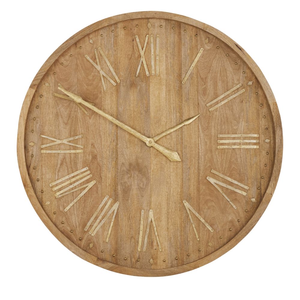 Déco horloge factice en bois de manguier marron et métal doré D130