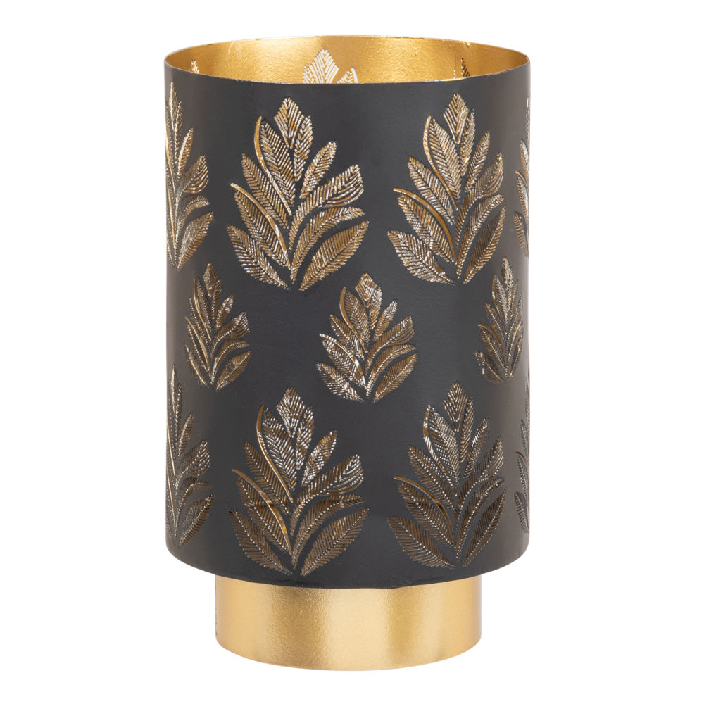 Déco lumineuse en métal noir et doré motifs feuilles ajourées Déco lumineuse en métal noir et doré motifs feuilles ajourées