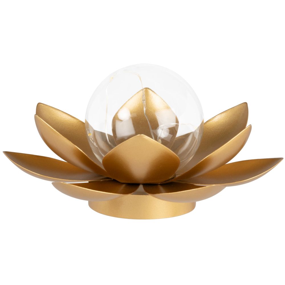 Déco lumineuse fleur de lotus globe en verre et en métal doré