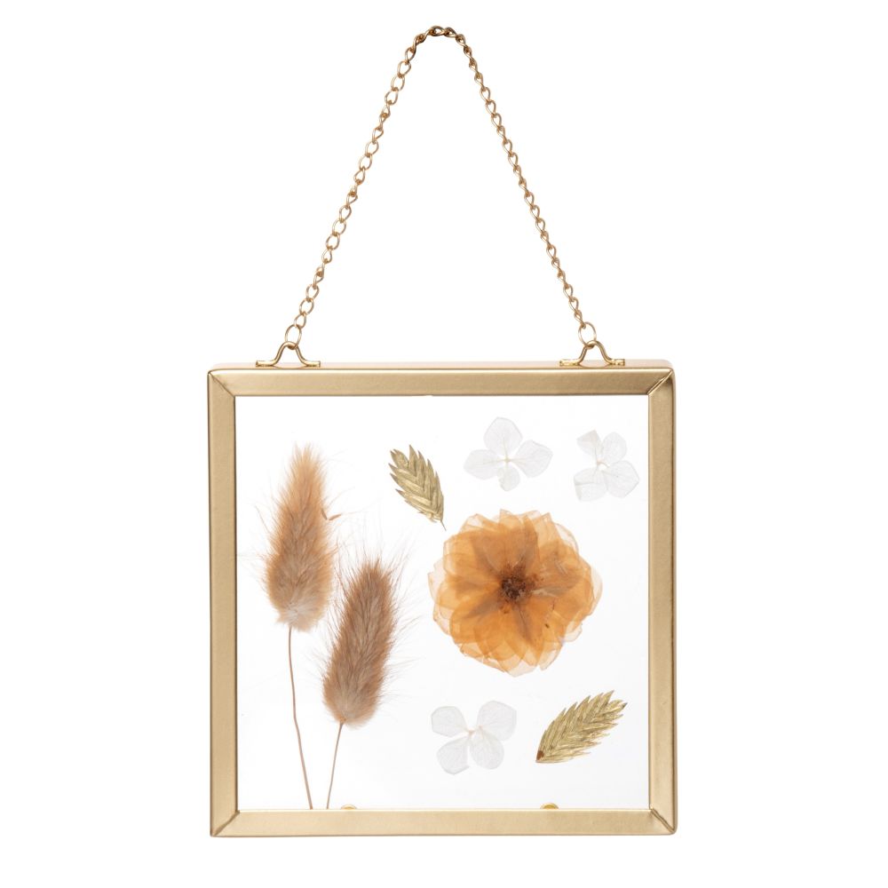 Déco murale à suspendre en métal doré et fleurs séchées beiges 12x12 Déco murale à suspendre en métal doré et fleurs séchées beiges 12x12