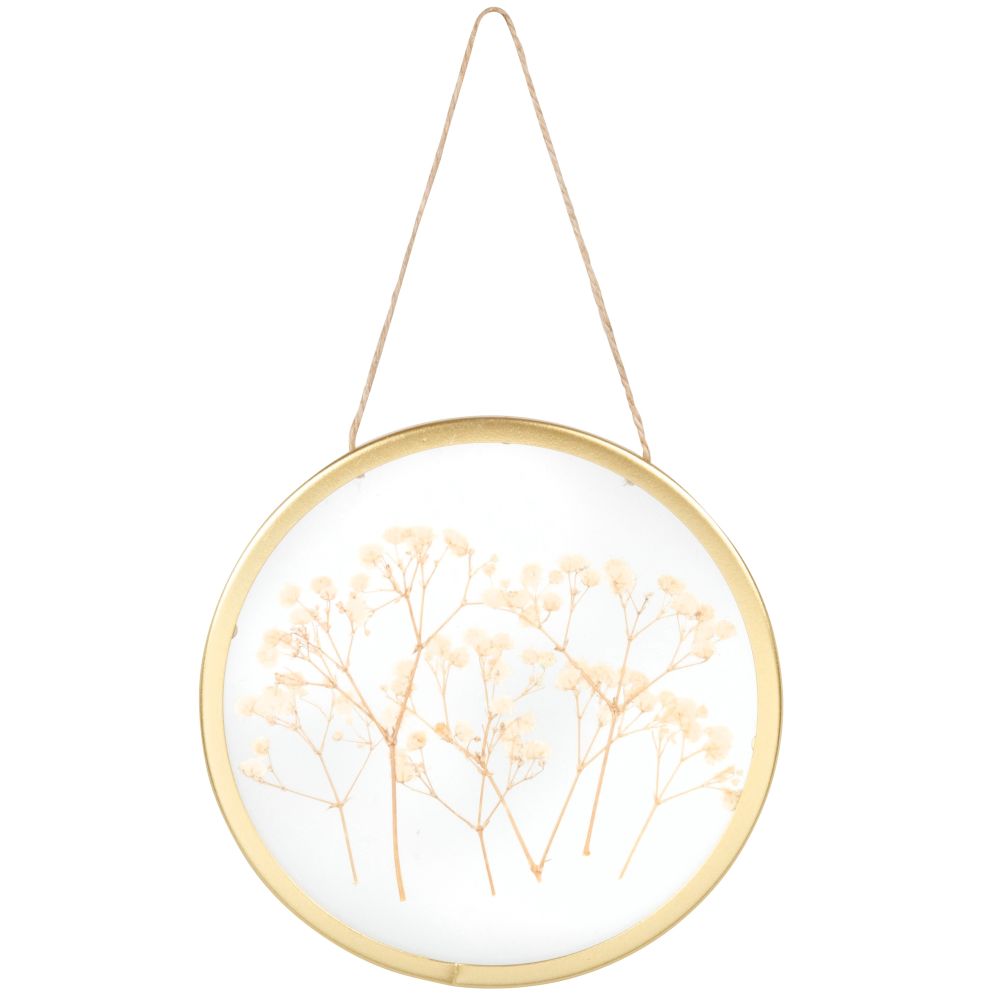 Déco murale à suspendre en métal doré, verre et fleurs séchées beiges 25x15 Déco murale à suspendre en métal doré, verre et fleurs séchées beiges 25x15