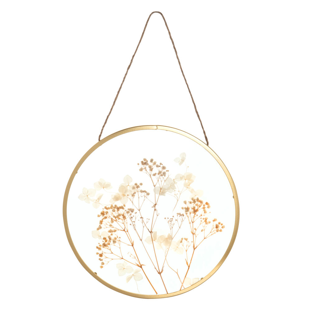 Déco murale à suspendre en métal doré, verre et fleurs séchées beiges et blanches 26x42