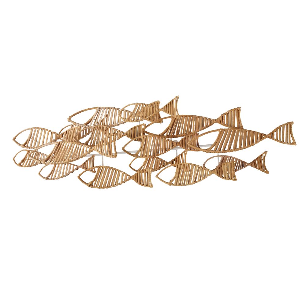 Déco murale banc de poissons en rotin et métal blanc 107x34 (photo) Déco murale banc de poissons en rotin et métal blanc 107x34