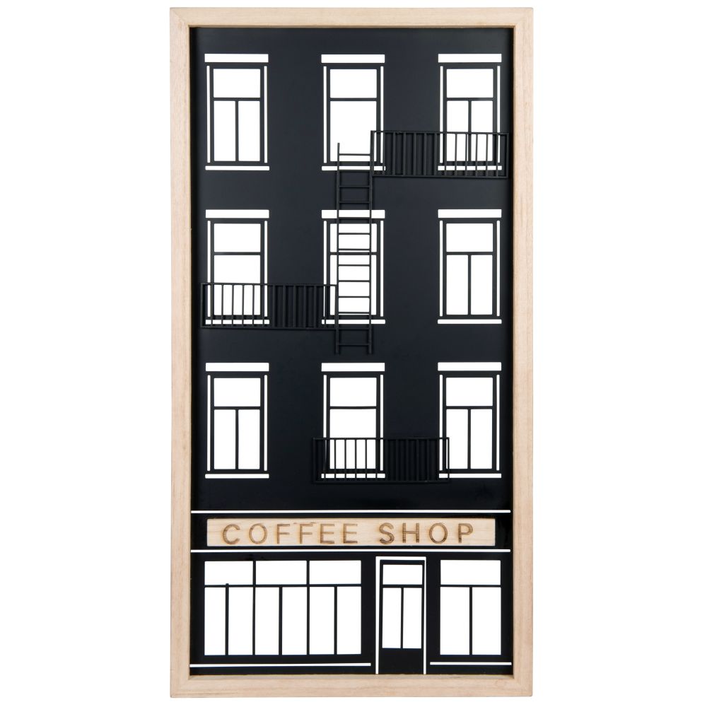 Déco murale bâtiment en platane et métal noir 31x60 Déco murale bâtiment en platane et métal noir 31x60