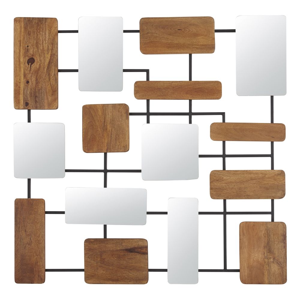 Déco murale en métal noir, bois de manguier et miroirs 110x110 Déco murale en métal noir, bois de manguier et miroirs 110x110