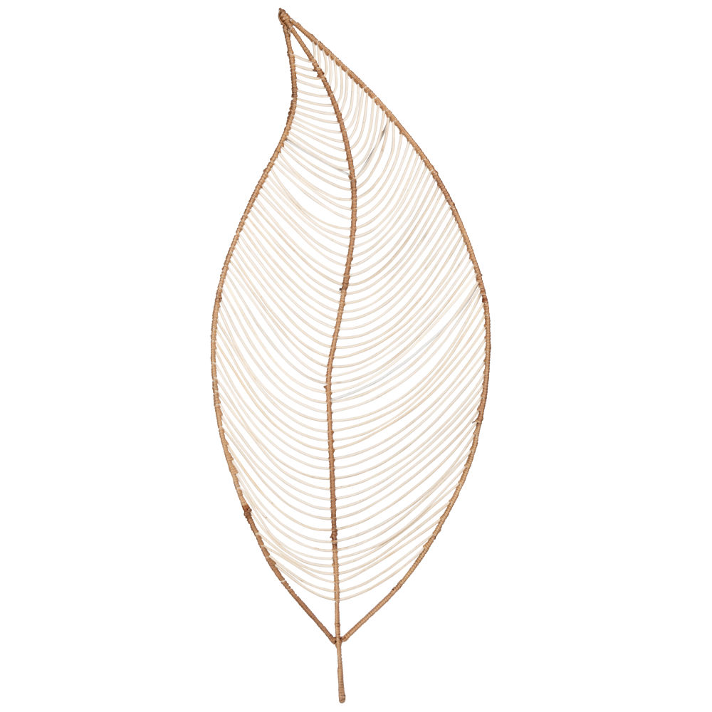 Déco murale feuille en rotin et métal beige et blanc 34x83 Déco murale feuille en rotin et métal beige et blanc 34x83