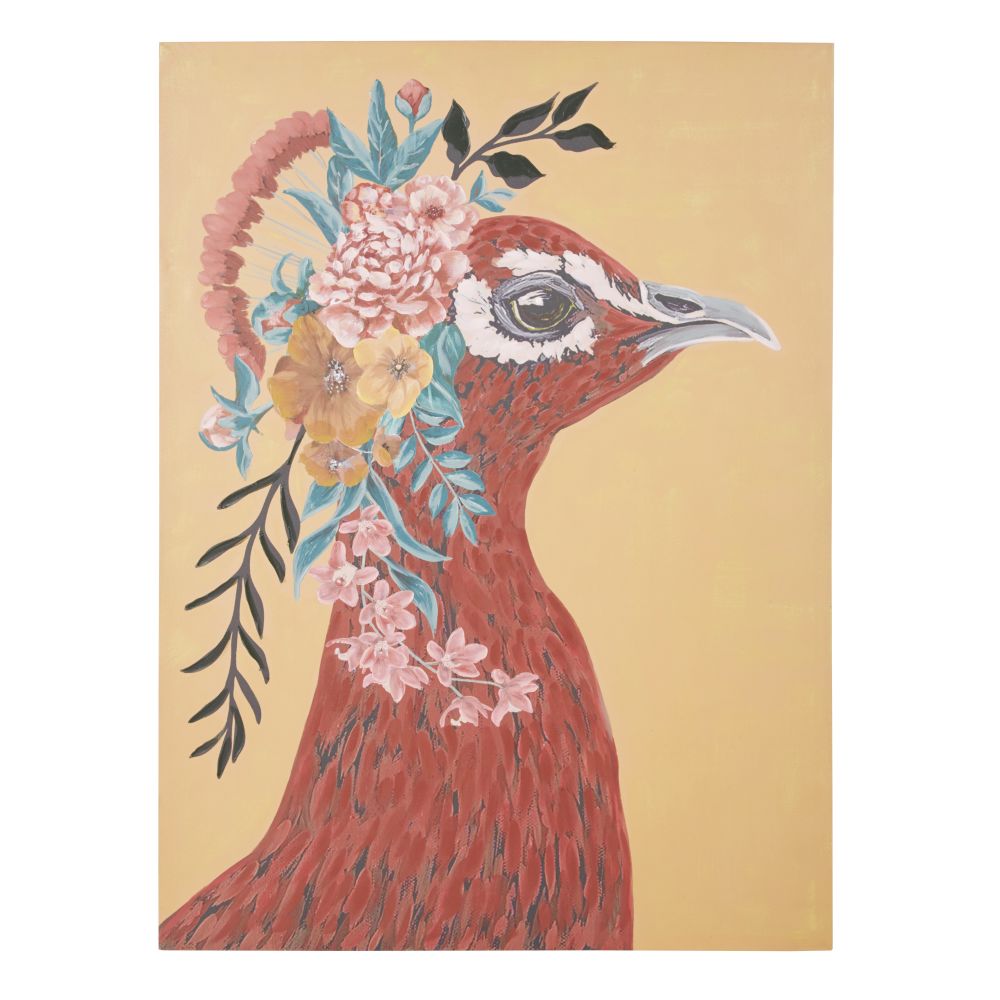 Déco murale imprimée et peinte paon jaune, rouge et vert 80x110 Déco murale imprimée et peinte paon jaune, rouge et vert 80x110