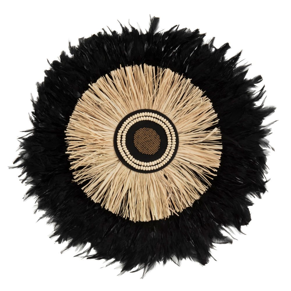 Déco murale juju hat en plumes noires et raphia D59 Déco murale juju hat en plumes noires et raphia D59