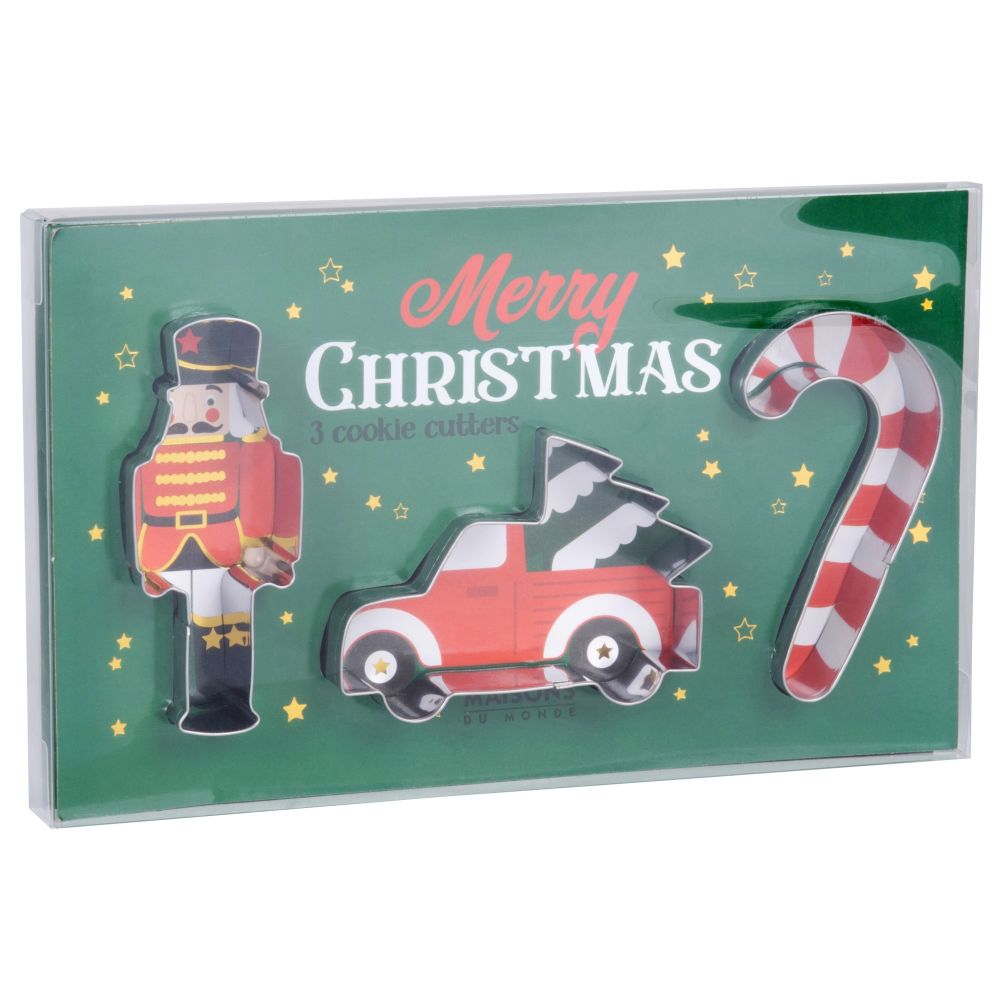 Emporte-pièces de Noël voiture, casse-noisette et sucre d'orge en métal argenté Emporte-pièces de Noël voiture, casse-noisette et sucre d'orge en métal argenté