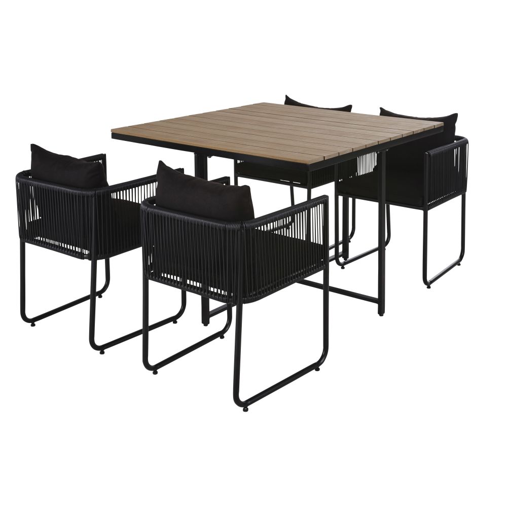 Ensemble table en composite imitation teck et fauteuils en résine noire de jardin