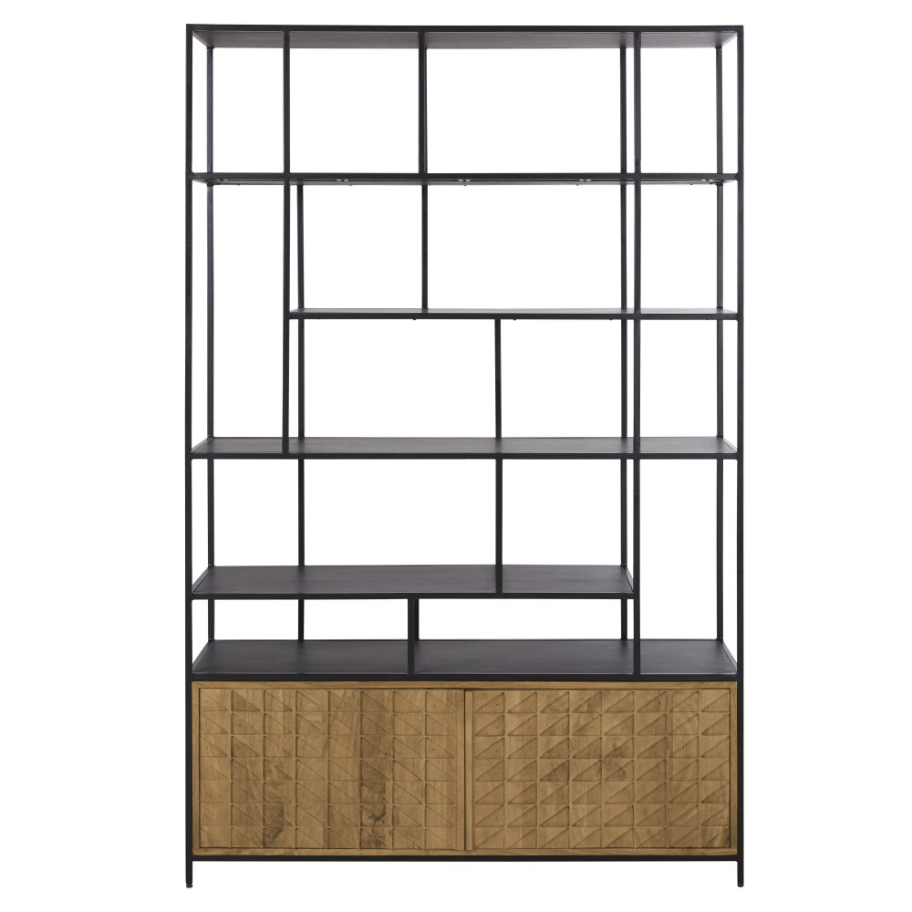 Etagère 2 portes 6 étagères en métal noir et en bois Etagère 2 portes 6 étagères en métal noir et en bois