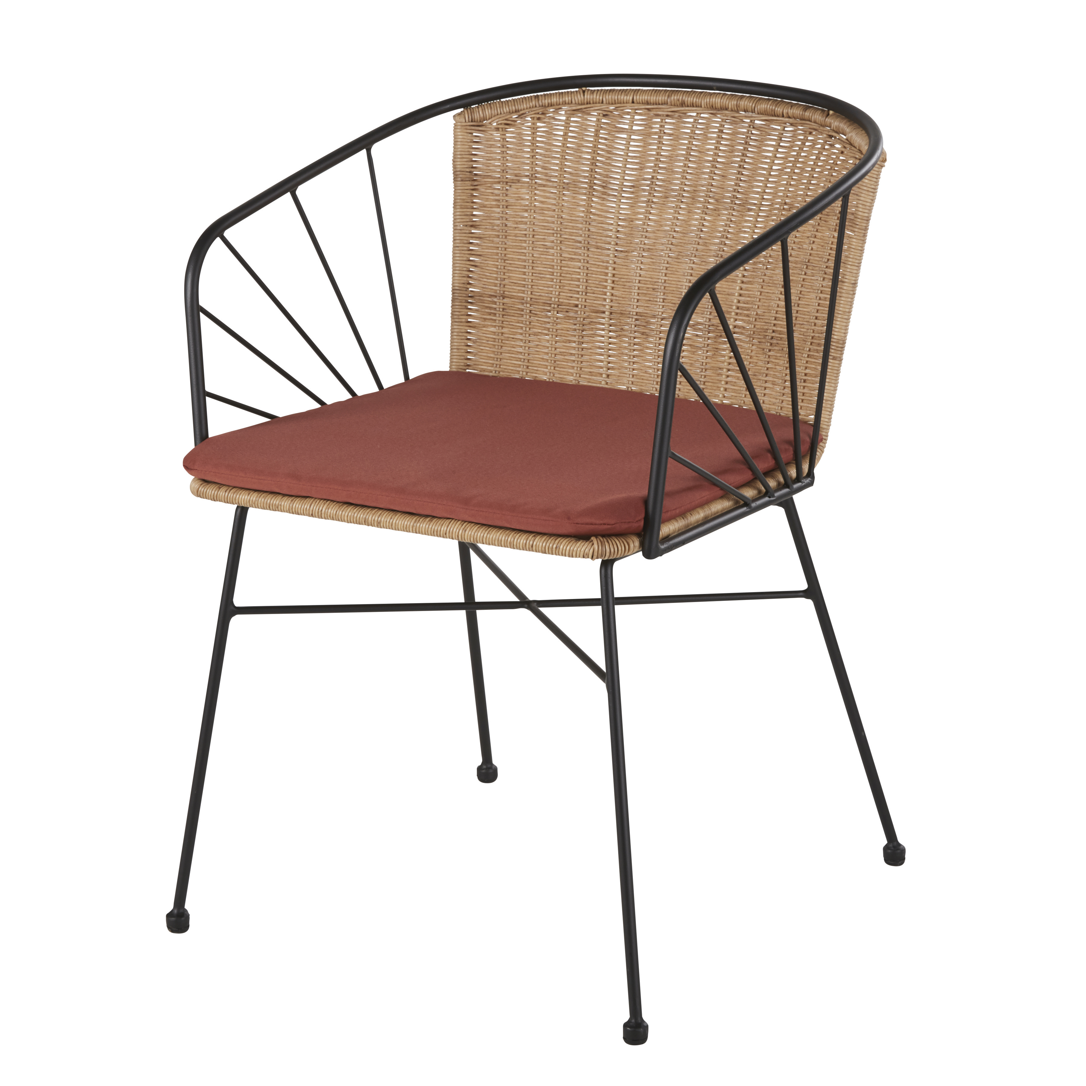 Fauteuil à dîner de jardin à dîner en résine recyclée imitation rotin et coussin terracotta