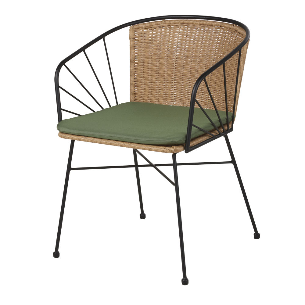 Fauteuil à dîner de jardin en résine imitation rotin et coussin vert kaki