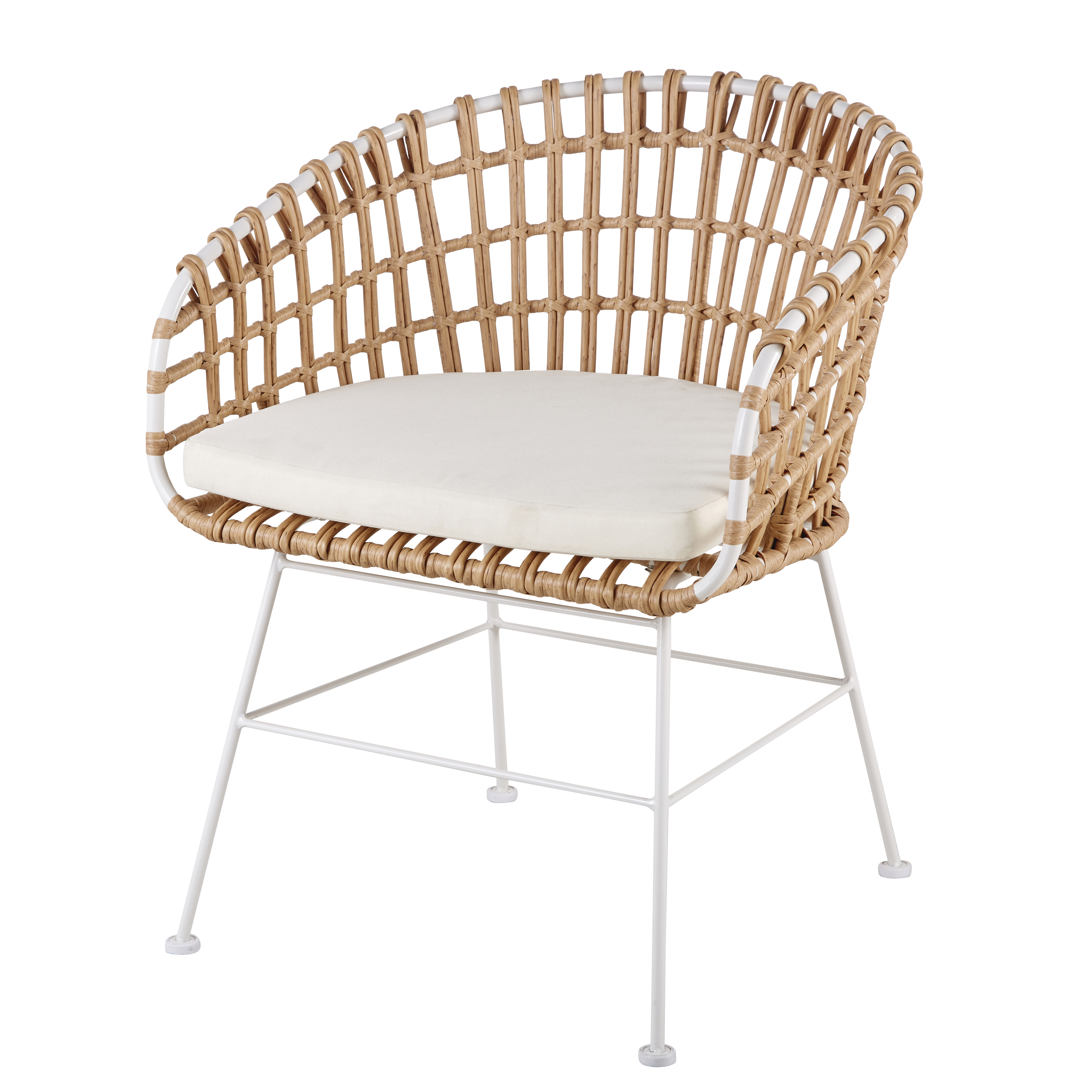 Fauteuil à dîner de jardin en résine recyclée imitation rotin et toile blanche