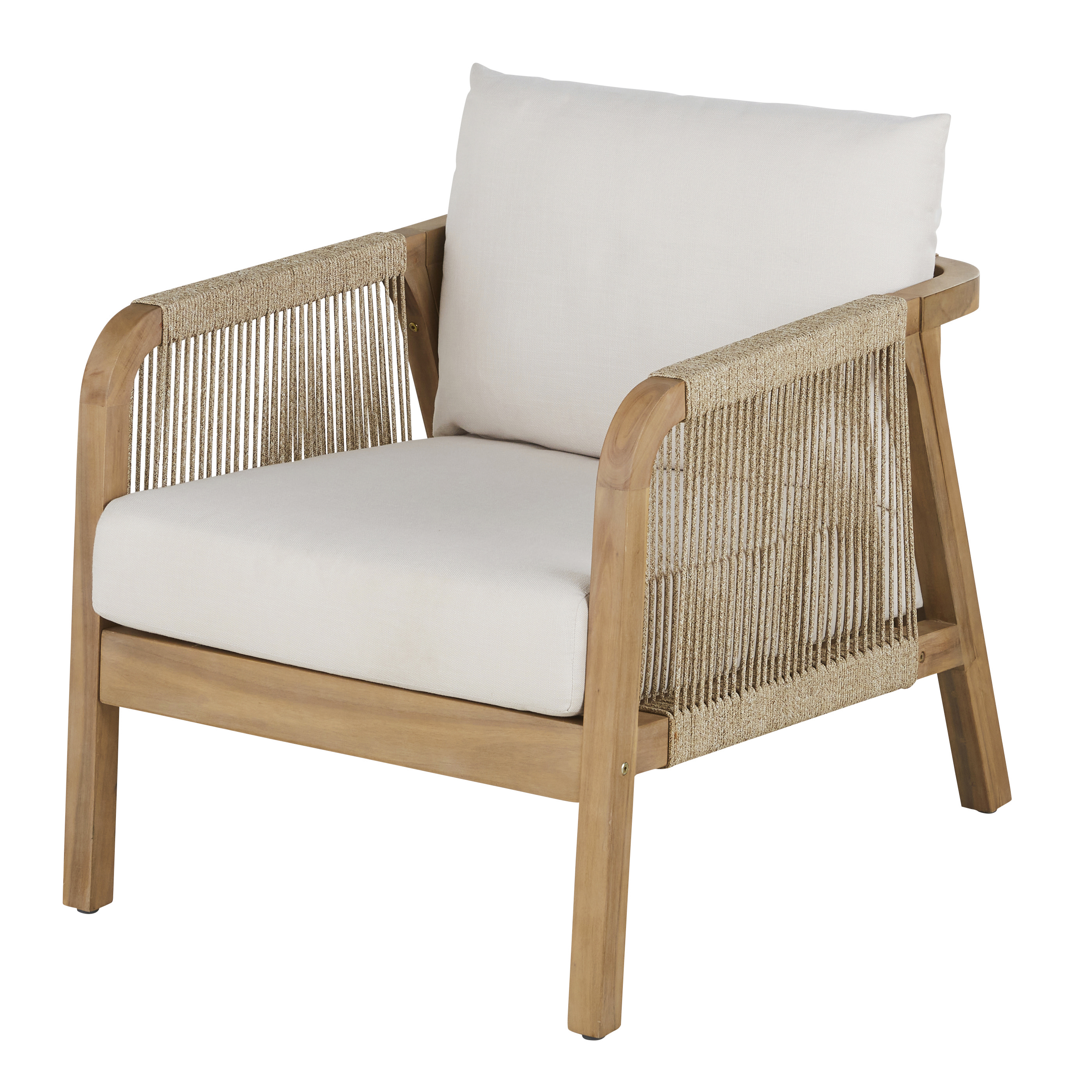 fauteuil de jardin en bois d'acacia massif et coussins écrus