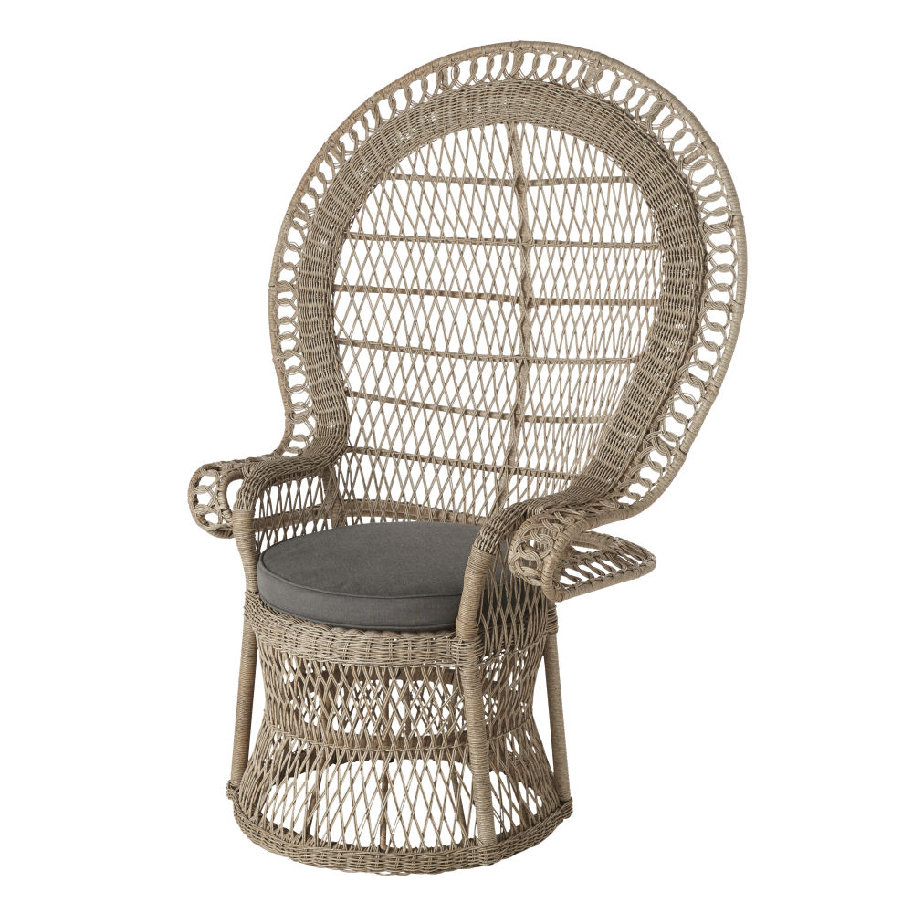 Fauteuil de jardin en résine tressée grisée et coussin gris
