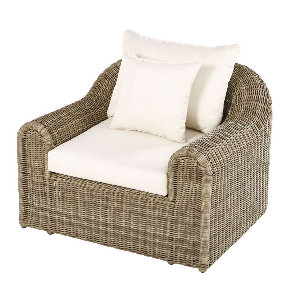 Fauteuil de jardin en résine tressée grisée et toile écrue