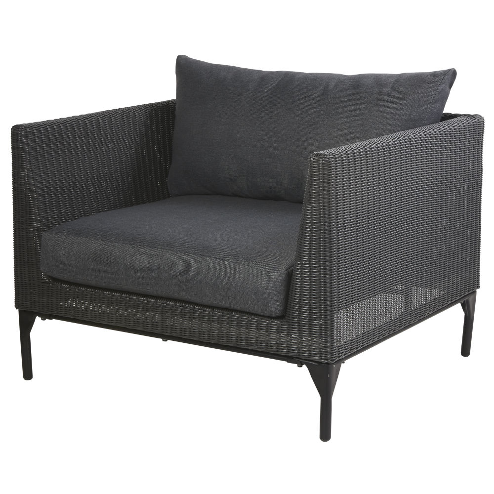 Fauteuil de jardin en résine tressée noire et toile anthracite