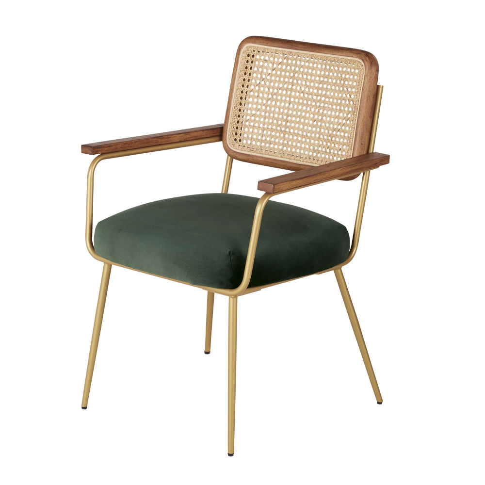 Fauteuil de table en velours vert et cannage en rotin