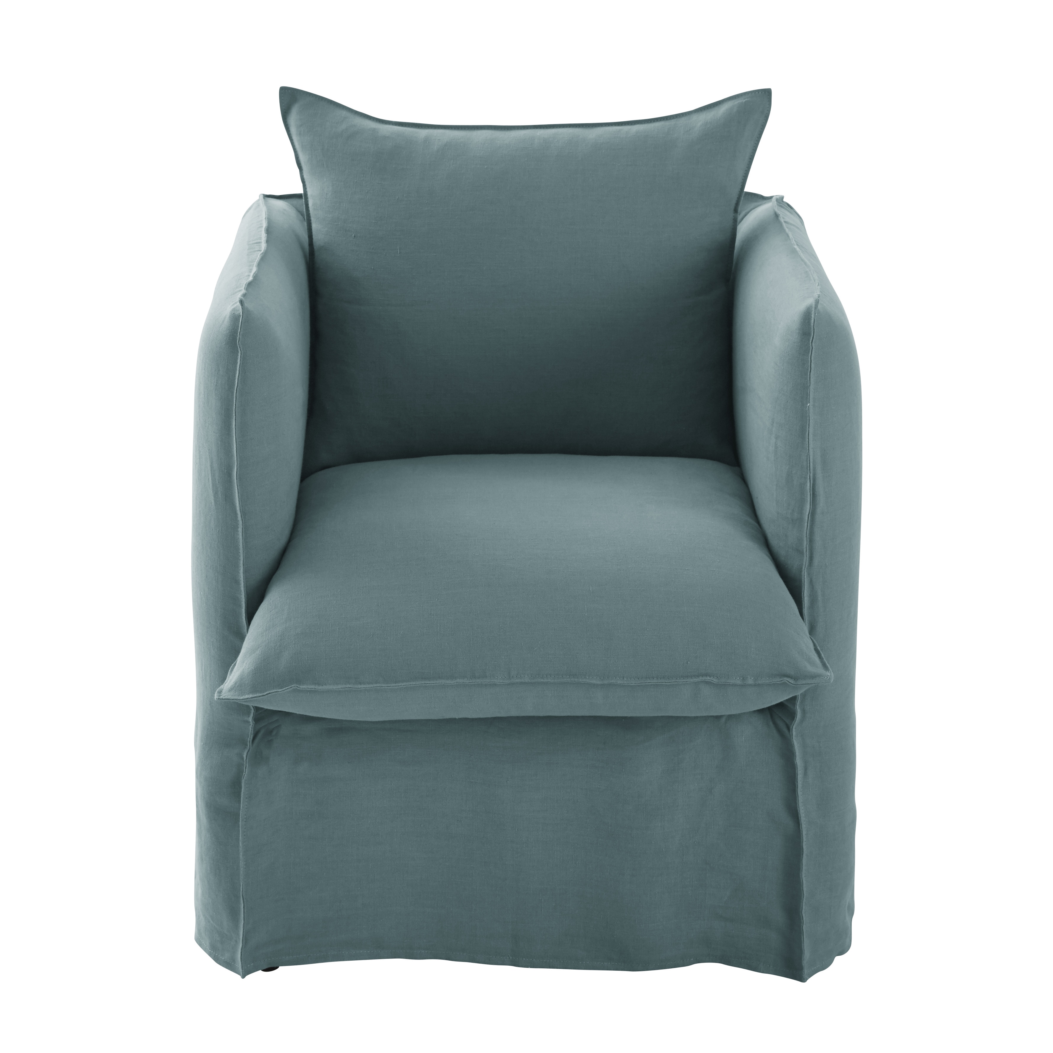 Fauteuil en lin froissé bleu céladon