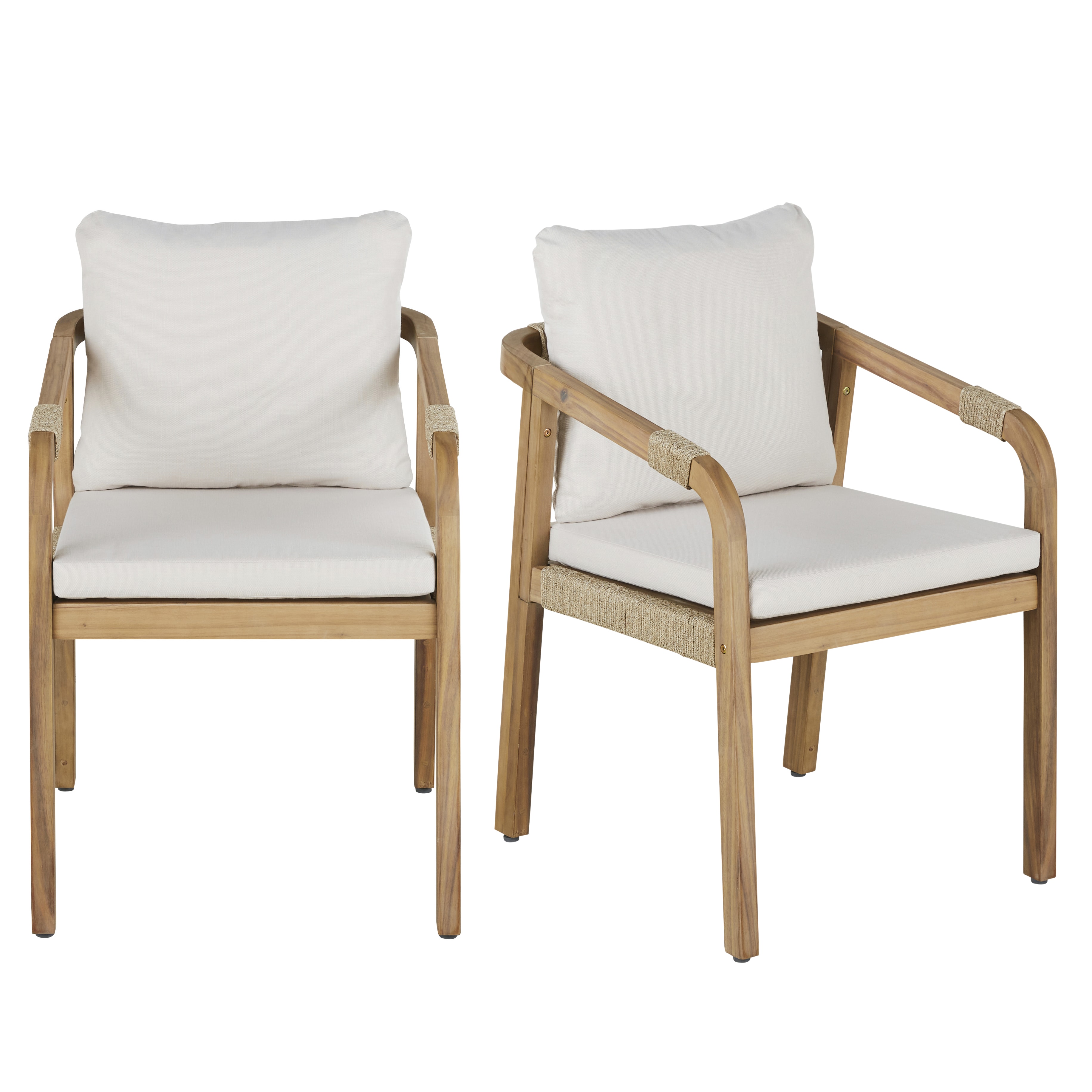 Fauteuils à dîner de jardin en bois d'acacia massif et coussins en polyester recyclé écru (x2)