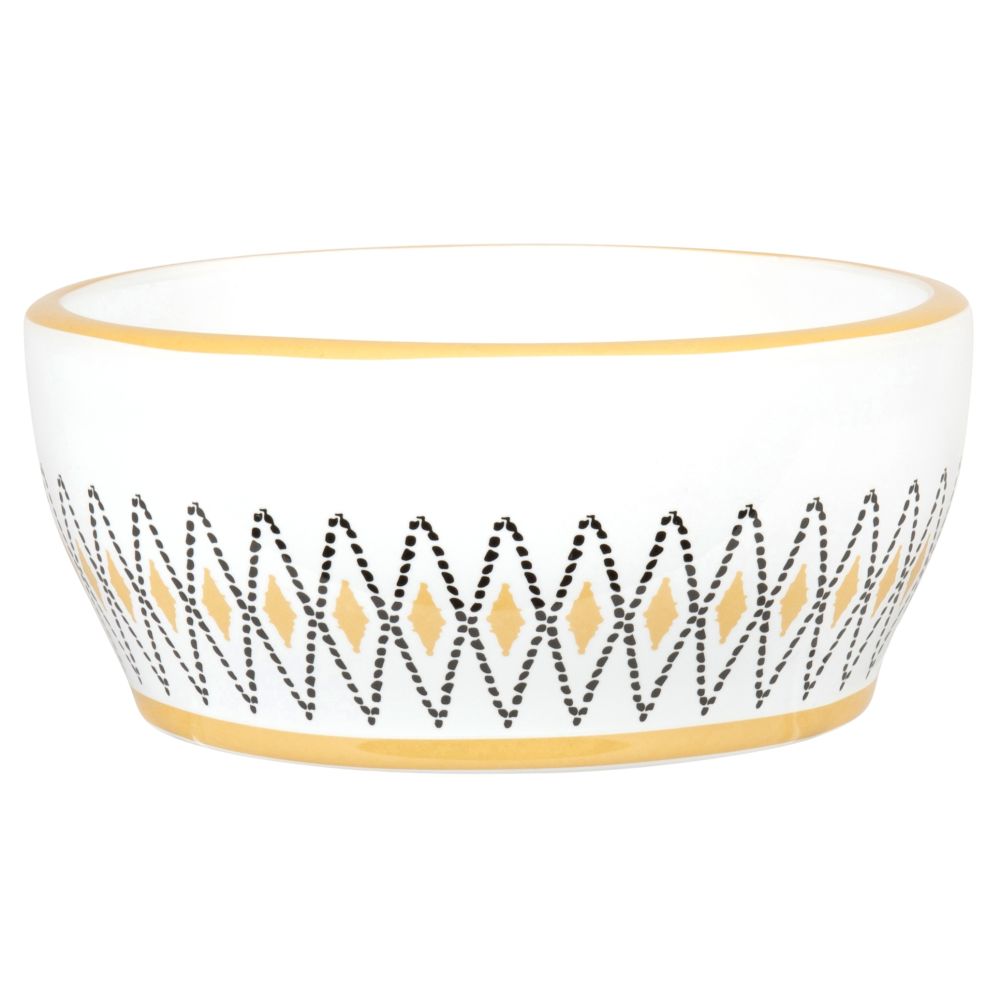 Gamelle en porcelaine blanche et jaune motifs losanges noirs Gamelle en porcelaine blanche et jaune motifs losanges noirs