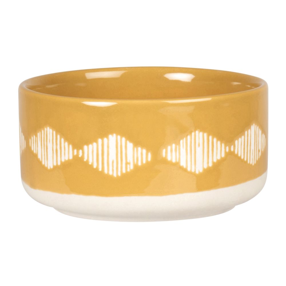Gamelle en porcelaine jaune moutarde motifs graphiques blancs Gamelle en porcelaine jaune moutarde motifs graphiques blancs