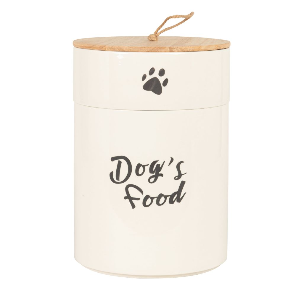 Gamelle et boîte à croquettes pour chiens en céramique blanche, noire et couvercle en bois d'hévéa