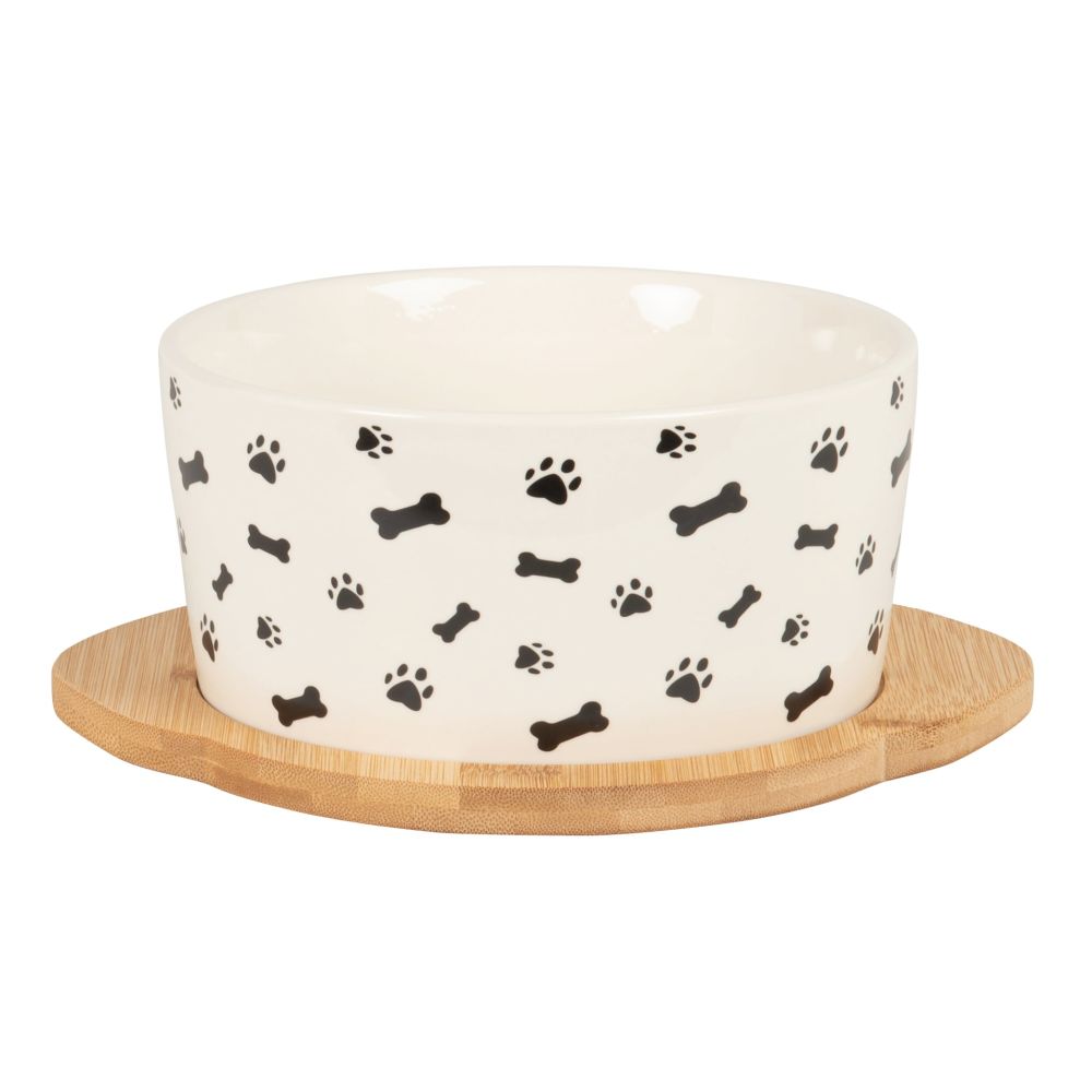 Gamelle pour chien en céramique blanche et noire avec support en bambou