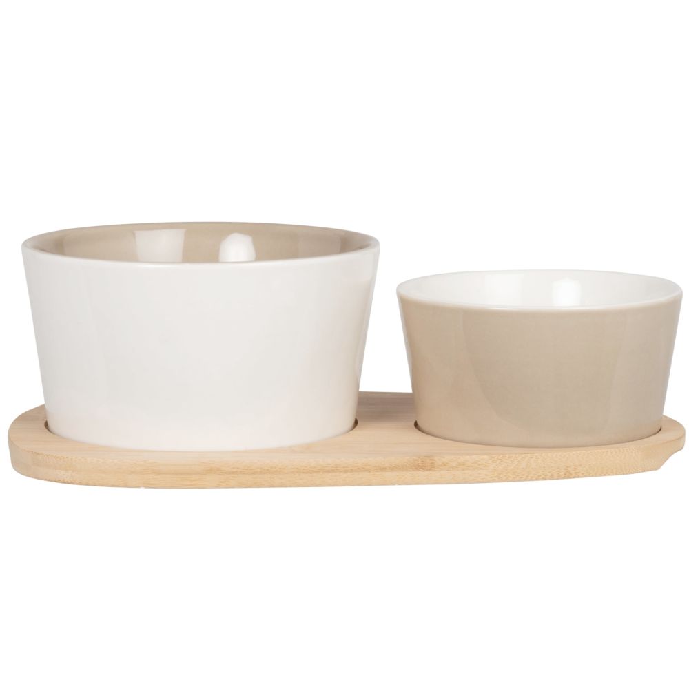 Gamelles en grès taupe et blanc (x2) et support en bambou Gamelles en grès taupe et blanc (x2) et support en bambou