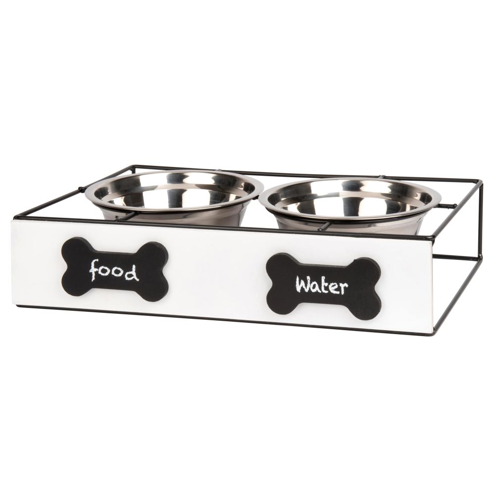 Gamelles pour chien en inox (x2) avec support en pin blanc et métal noir Gamelles pour chien en inox (x2) avec support en pin blanc et métal noir