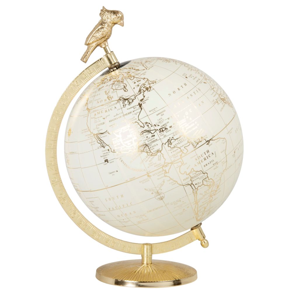 Globe terrestre carte du monde écrue et dorée et structure en métal doré
