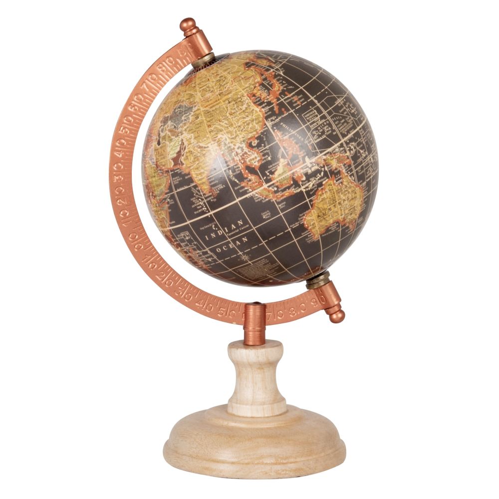 Globe terrestre carte du monde en bois de manguier doré, noir et marron