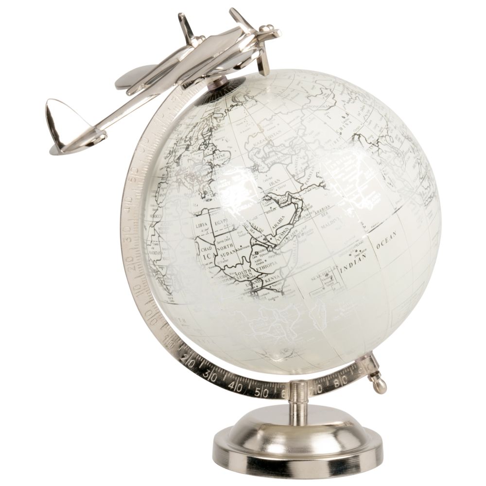 Globe terrestre carte du monde et avion en métal blanc et gris (photo) Globe terrestre carte du monde et avion en métal blanc et gris