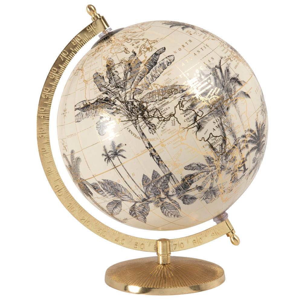 Globe terrestre carte du monde imprimé feuilles beige et métal doré Globe terrestre carte du monde imprimé feuilles beige et métal doré