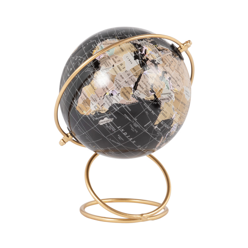 Globe terrestre carte du monde noir et support en métal doré