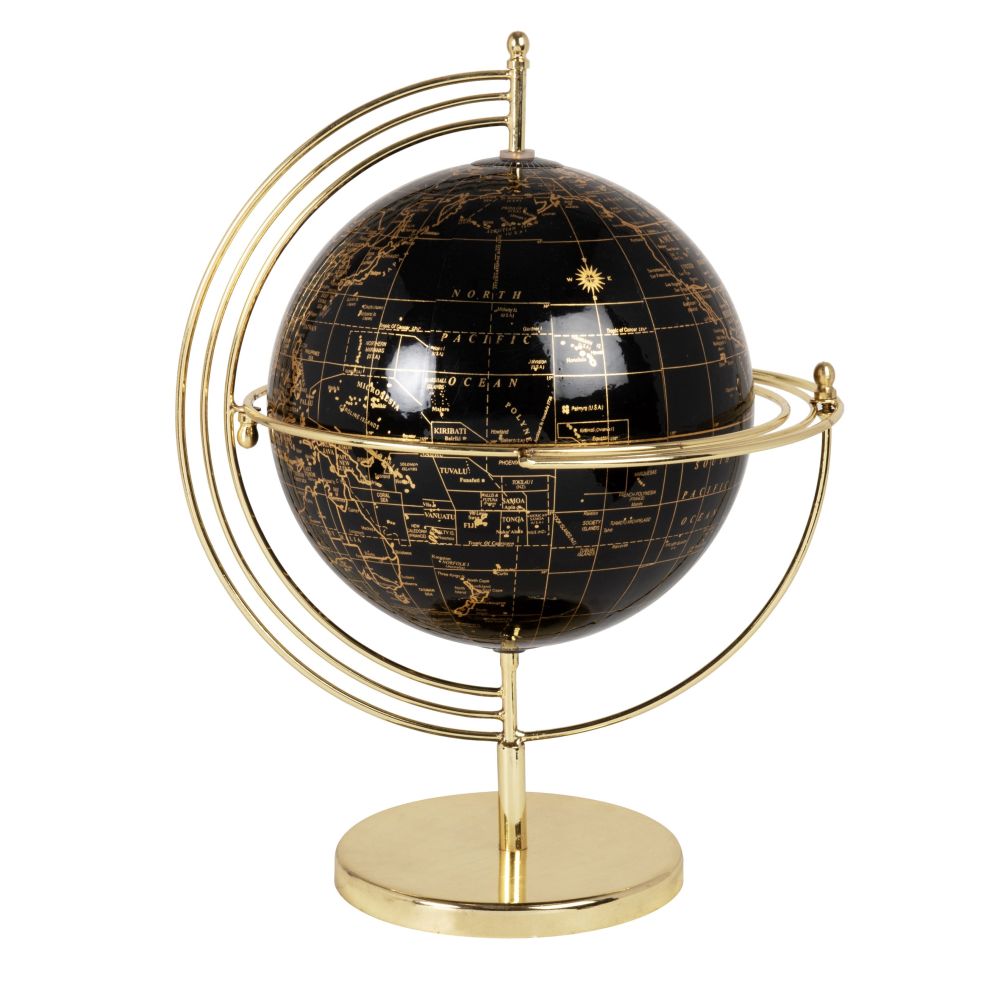 Globe terrestre carte du monde noire et dorée et structure en métal doré Globe terrestre carte du monde noire et dorée et structure en métal doré