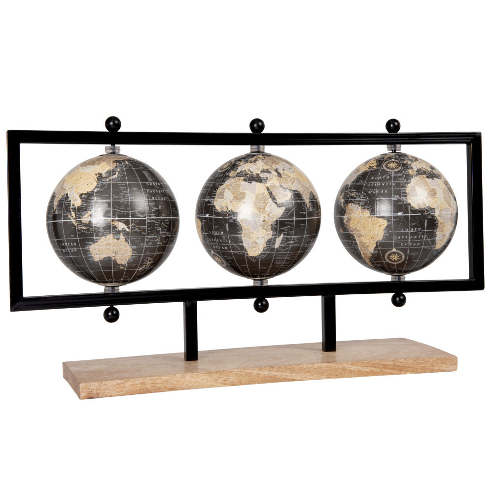 Globes terrestre carte du monde, support en métal noir et manguier Globes terrestre carte du monde, support en métal noir et manguier