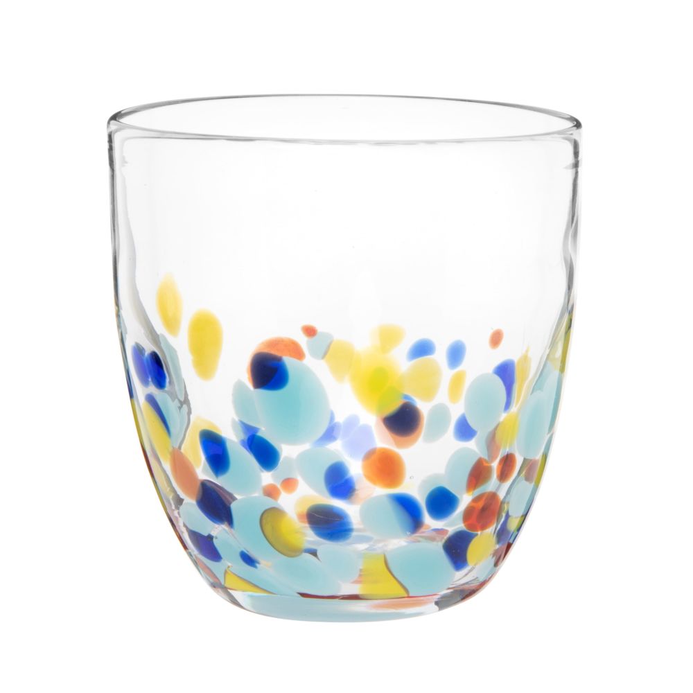Gobelet en verre transparent et motifs à pois multicolores Gobelet en verre transparent et motifs à pois multicolores