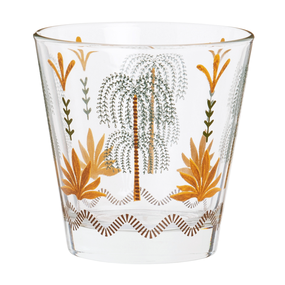 gobelet en verre transparent motifs palmes multicolores