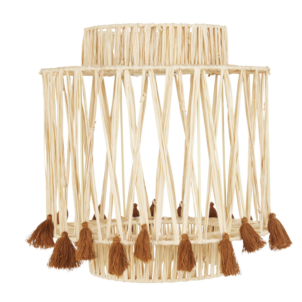 Grand abat-jour pour suspension en raphia beige et pompons rouge brique D33 Grand abat-jour pour suspension en raphia beige et pompons rouge brique D33