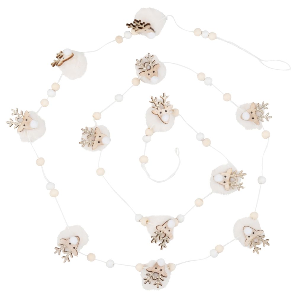 Guirlande de Noël cerfs, pompons blancs et perles L180