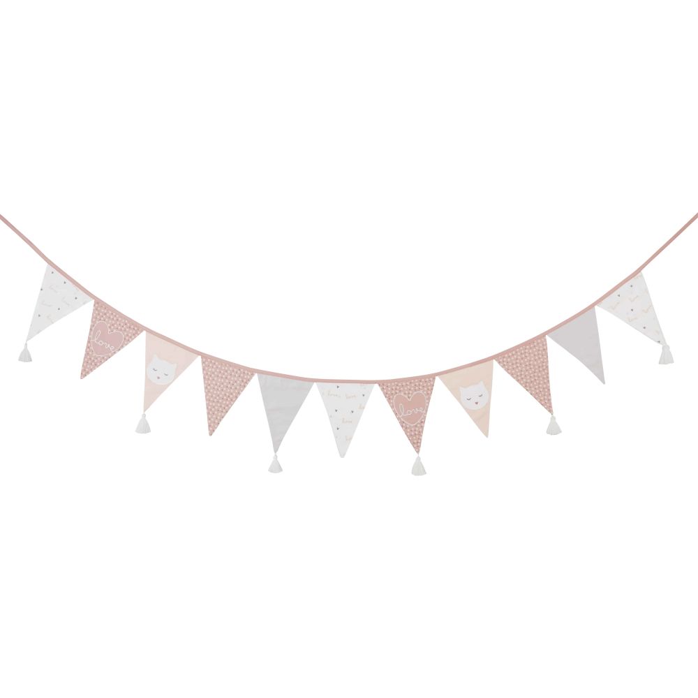 Guirlande fanions en coton imprimé rose, gris et blanc L240 (photo) Guirlande fanions en coton imprimé rose, gris et blanc L240