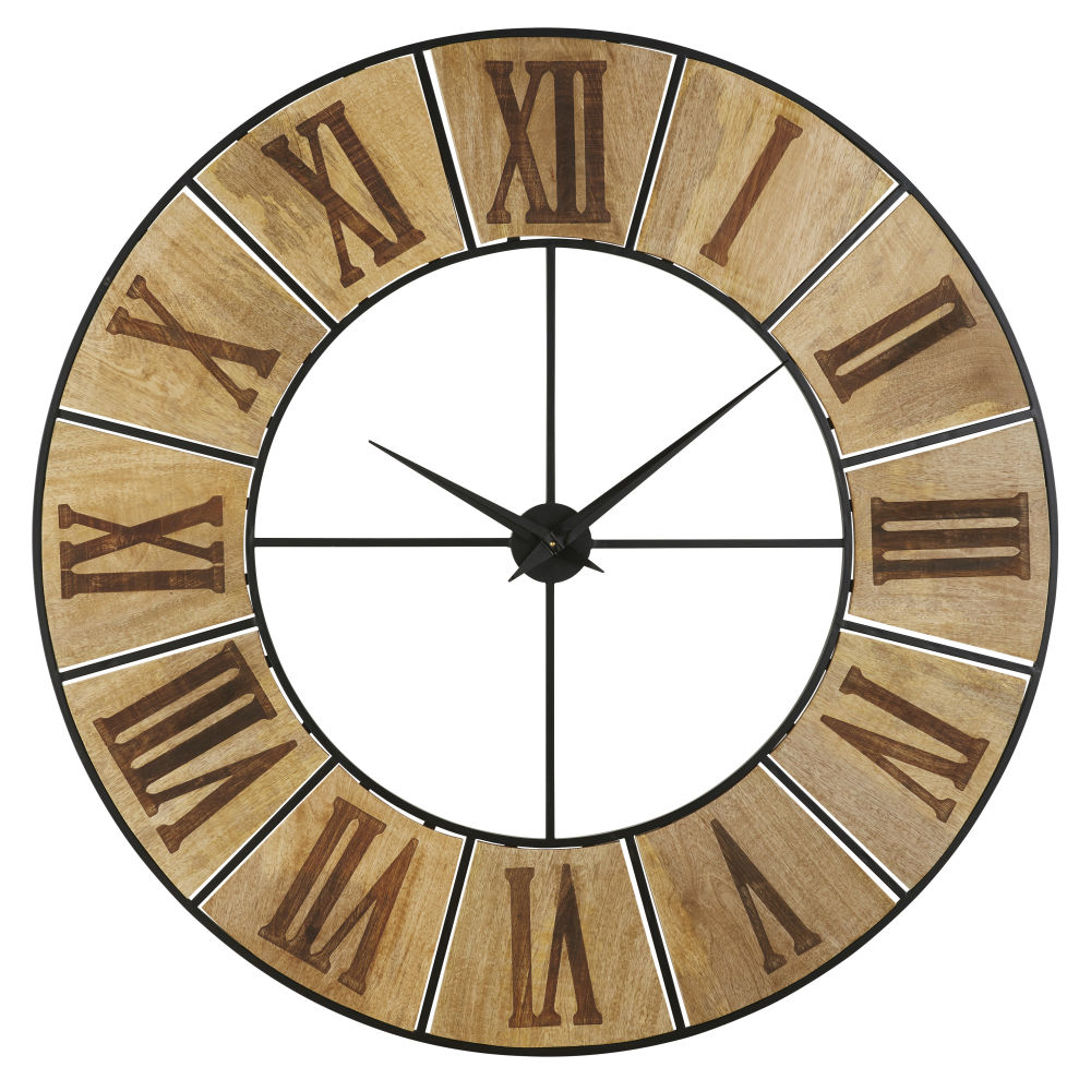 Horloge en bois de manguier gravé et métal noir D140