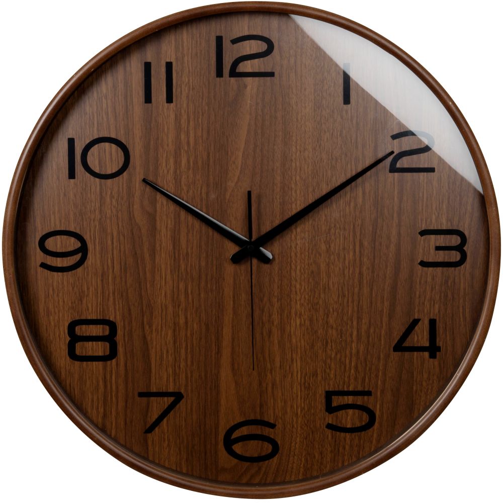 Horloge en bois marron foncé, verre et métal noir
